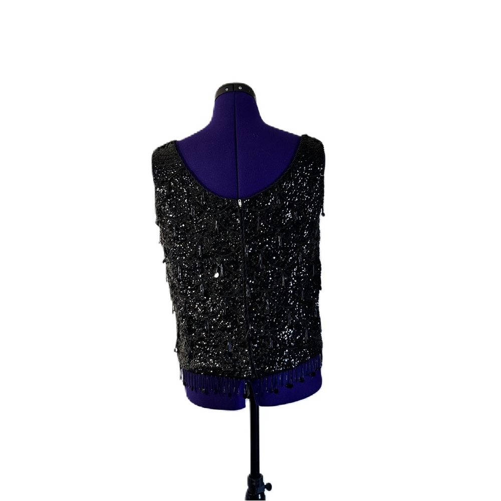 Black Beaded Sequins Fringe Short Sleeve Top